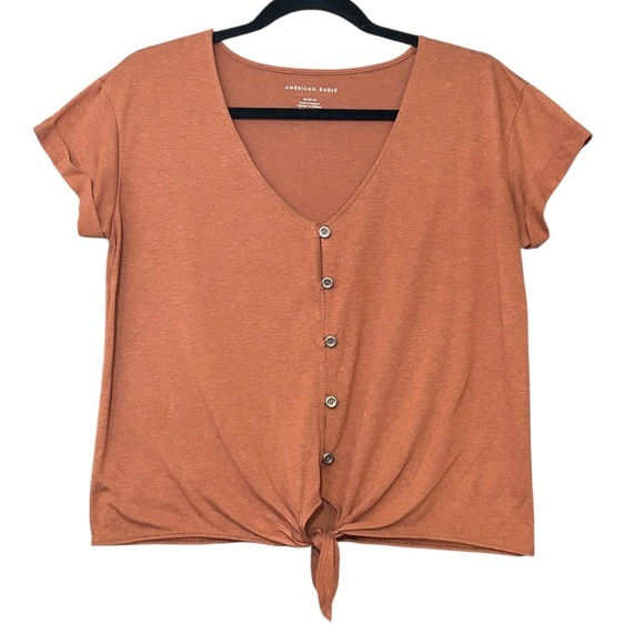 American Eagle Outfitters Tops - American Eagle Top Womens Size M Brown Waist Tie S/S Poly Linen Blend Stretch